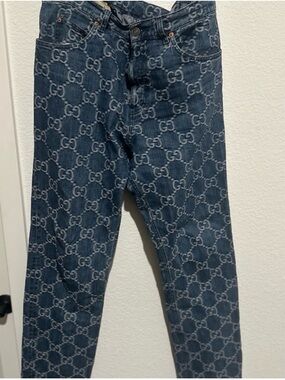 Authentic Gucci Blue Monogram Denim Jeans with Cream Label